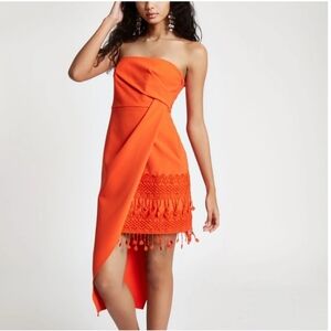 River Island Burnt Orange Strapless Asymmetrical Dress Tassel Detail Sz6